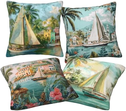 Vintage Sailing Throw Pillow Covers Set of 4 Decorative Soft Double Sided Print Pillow Case Farmhouse Home Decor for Living Room Sofa Couch 18x18