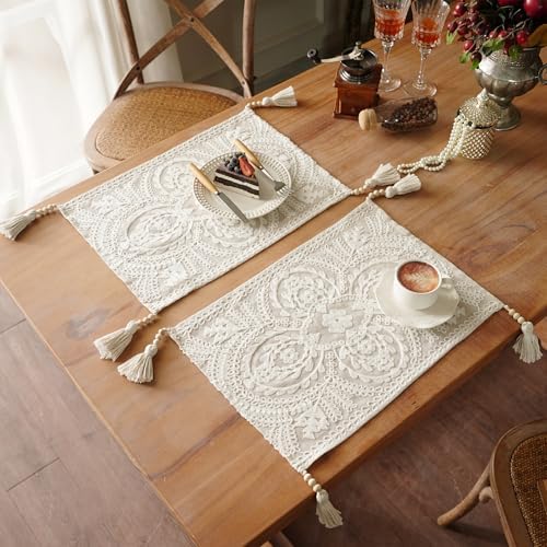 Embroidered Placemats Farmhouse Lace Doily, Beige 14"x18" 2PCs