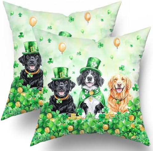 St. Patrick's Day Pillow Covers 2 Pack 24x24 inch Leprechaun Hat Dog Cotton Pillowcase Shamrock and Gold Coin Happy Holiday Throw Pillow Cases Irish Green Decorative Cushion Covers for Sofa Couch