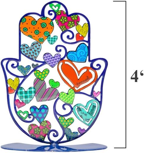 EMANUEL Yair Small Standing Hamsa Hand Amulet 4 inch | Colorful Good Luck Charm | Hamsah Stand Home Blessing | Judaica Art Gift (Hearts SHG-13)