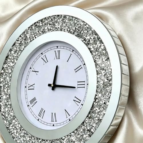 DMDFIRST Silver Round Mirror Clock 20x20inches Crystal Sparkle Twinkle Bling Crush Diamond Mirrored Large Wall Clock for Wall Decoration Silver Glass Mirror Home Décor. AA Battery is not Included.