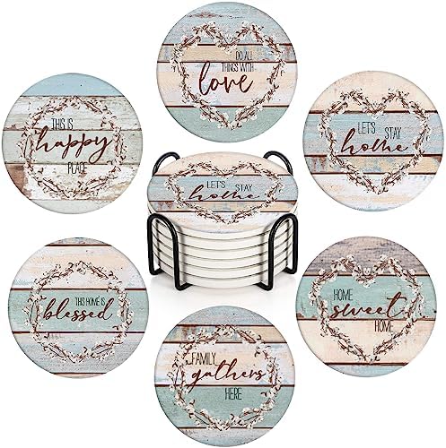Coasters for Drinks, Set of 6, Ceramic Stone Vintage Blessed Love