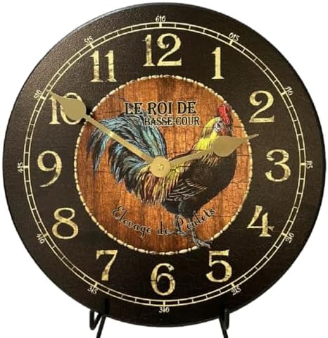 Black & Wood Rooster Wall Clock | Ultra Quiet Quartz Mechanism | Hand Made in USA Beautiful Crisp Lasting Color | Comes in 8 Sizes | 10-Inch