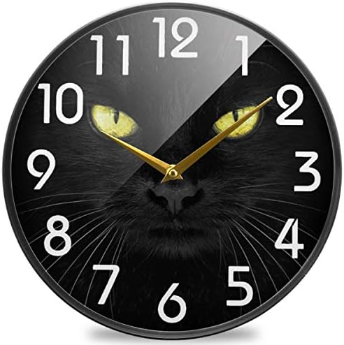 Naanle Black Cat Looking Camera Round Wall Clock, 12 Inch Silent Battery Operated Quartz Analog Quiet Desk Clock for Home,Office,School