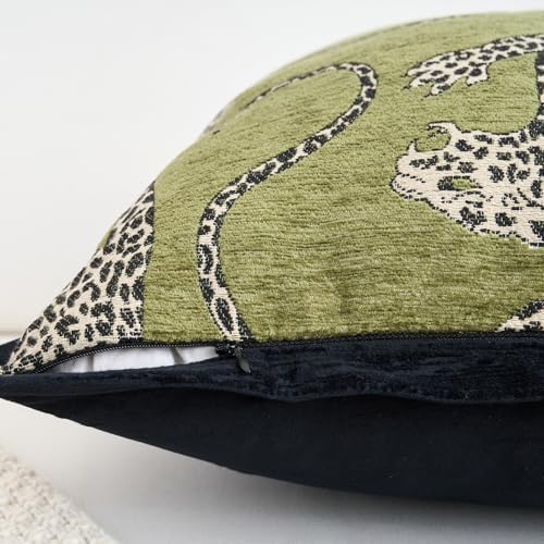 Premium Series, Snow Leopard Throw Pillow Covers, Animal Jacquard Cushion Cases for Home Decor, Chenille Velvet Double-Sided Designs, Dark Green, 18 x 18 inch, Covers Only