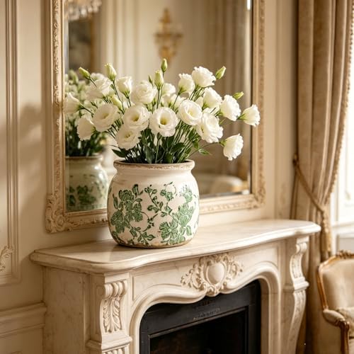 Flower Pots Planters for Indoor Plants Ceramic Plant Pots with Drainage 6.1 Inch Vintage Ceramic Pots for Plants Outdoor Home Garden Decor, Crackled Green Peony