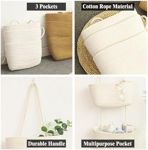 AARAINBOW Wall Hanging Cotton Baskets, Large 3 Tier Decorative Basket for Wall, Nursery, Bathroom, Boho Organizing (B-White)