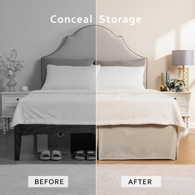 MIYE Pleated Waffle Weave Bed Skirt, Tailored Dust Ruffle 12 Inch Drop Easy Fit, Machine Washable,No Split Corners (Beige, Queen - 12" Drop)