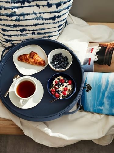 HofferRuffer Top Nocth PU Leather Round Serving Tray, Decorative Serving Tray with Handles, Coffee Tray, Ottoman Tray for Home Or Office, Diameter 14.6-inch (Dark Blue)