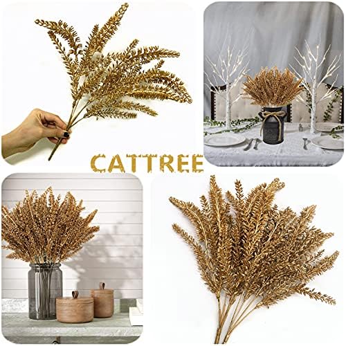CATTREE Christmas Artificial Golden Plants, Plastic Grass Faux Shrubs Fake Lavender Leaves Simulation Wheat Ears Bushes Home Indoor Wedding Party Decoration Hall Table Planter Filler - Gold 4 Pack