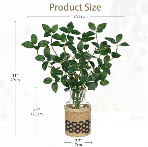 2Pcs Artificial Ficus Stems in Glass Vase with Faux Water and Woven Basket 11" Fake Greenery Plant Ficus Twig Leaves for Home Office Farmhouse Bathroom Bedroom Kitchen Table Centerpiece Decor