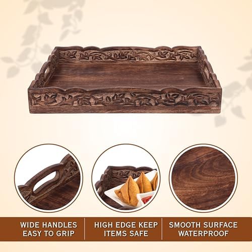 Natural Wooden trays, Serving Bowl for Salad, Veggies and Fruits, Large Deep for Family, Party (Floral Tray)