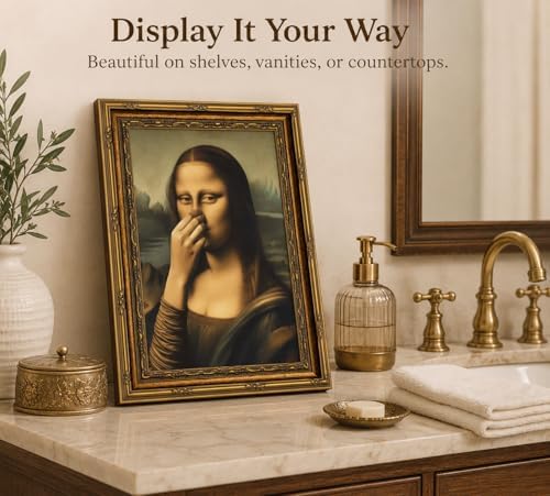 CXKAWM Vintage Gold Framed Funny Mona Lisa Bathroom Canvas Wall Art 9x11in | Mona Lisa holding nose Bathroom Wall Decor Picture Humor Amusing Toilet Poster Print for Bathroom Home decoration