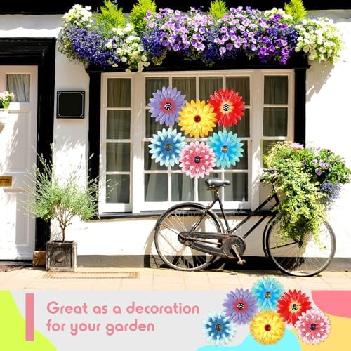 Zhehao 6 Pcs Metal Flower Wall Art Decor 12 Inch Sunflower Wall Decorations Hanging Outdoor Art Multicolored Handmade Metal Flowers Outdoor Decor(Cute Color)