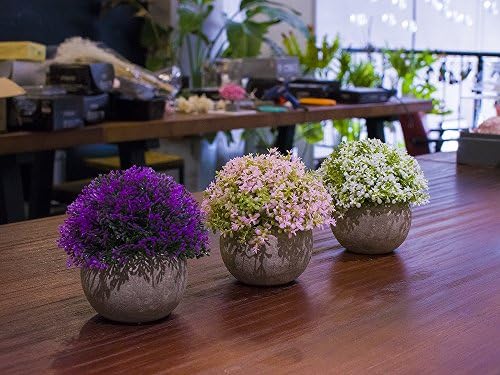 Opps Mini Artificial Plants Plastic Fake Green Colorful Flower Topiary Shrubs with Gray Pot for Home Décor – Set of 3