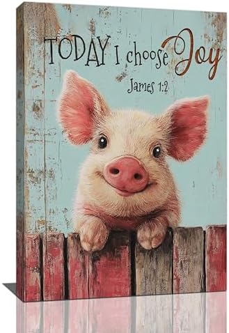 Farmhouse Pig Wall Decor Funny Pig Canvas Wall Art Rustic Pictures Painting Vintage Farm Animal Home Decoration Artwork Framed Gifts for Women Girl Living Room Bedroom Bathroom Office 16"x24"