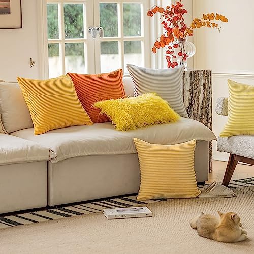 Home Brilliant Striped Corduroy Pillow Cover 24x24 Plush Texture Velvet Euro Throw Pillow Sham Covers for Chair Yellow Pillow Covers for Summer Decoration, 24 x 24 inch, Sunflower Yellow