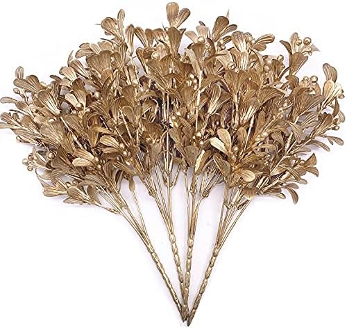 Artificial Flowers Christmas Decor, Golden Leaves Branches Plants Fake Berry Grass for Wedding Bridal Bouquet Party Indoor DIY Home Office Table Centerpieces Arrangements Decoration - Gold 4 Pack