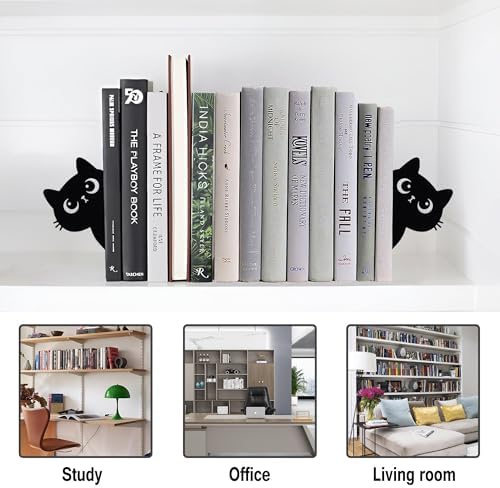 Bookends Metal Cat Book Ends, 1 Pairs Cute Bookends for Shelves Decorative for Home Office Desk Bookshelf Decor (Black, Cartoon)