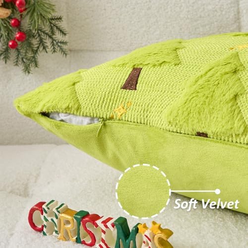 Kevin Textile Christmas Tree Pillow Covers 18x18 Inch Set of 2 Twinkle Golden Star Embroidery Soft Plush Faux Fur Throw Pillowcases for Couch Sofa Holiday Festivals Winter Xmas Gift, Green