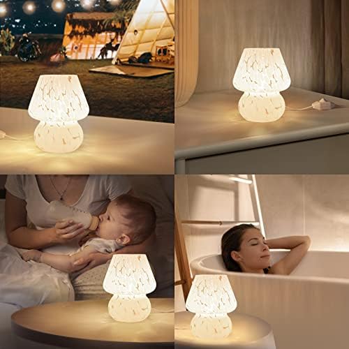 ONEWISH Cute Mushroom Lamp Small Bedside Table Lamp Set of 2 Stepless Dimmable, Translucent Glass White Nightstand Lamp for Bedroom Dorm Kids Room Living Kitchen, Murano Aesthetic Home Decor