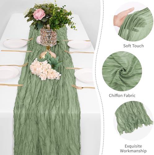 12 Pack Sage Green Cheesecloth Table Runner 17 x 108 Inch Gauze Table Runner Fabric Semi Sheer Cheese Cloth Table Decor Bulk for Rustic Romantic Wedding Baby Shower Table Decoration