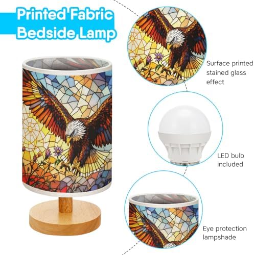 Eagle with Flower Table Lamp LED 3-Color Pressed Bedside, Eagle with Flower Shade Lamp with Wood Base for Bedroom Living Room Desk Office TL01
