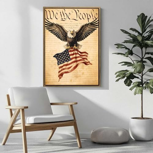 American Flag Framed Canvas Wall Art, 4th of July Patriotic Canvas Prints | USA Flag with Bald Eagle Poster Print, Vintage Independence Day Wall Decor for Bedroom Living Room 8×10in