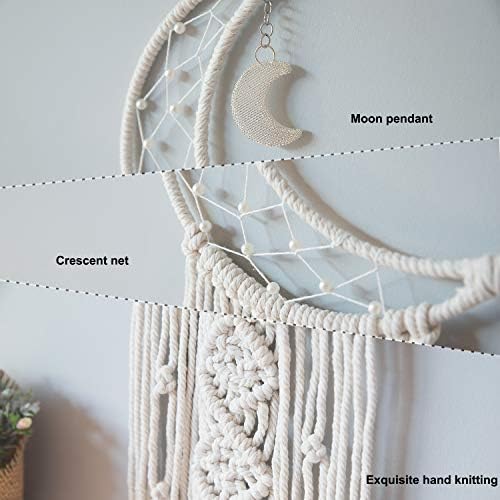 MOONFLY Dream Catcher with Handmade Moon Star Design Woven Cotton Macrame Wall Hanging Boho Home Decoration Ornament Craft Gift for Bedroom Living Room Wedding Party (White Moon)