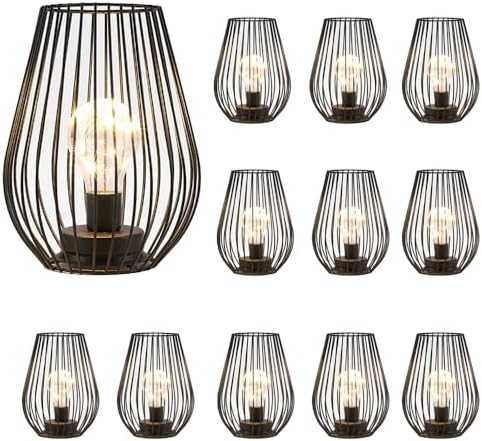 TRIROCKS Set of 12 Metal Cordless Table Lamp - 8'' Tall Cage Shape Battery Operated Lamp with Warm Fairy Lights Bulb for Indoor/Outdoor Use, Perfect for Christmas, Patio, Garden, and Weddings (Black)