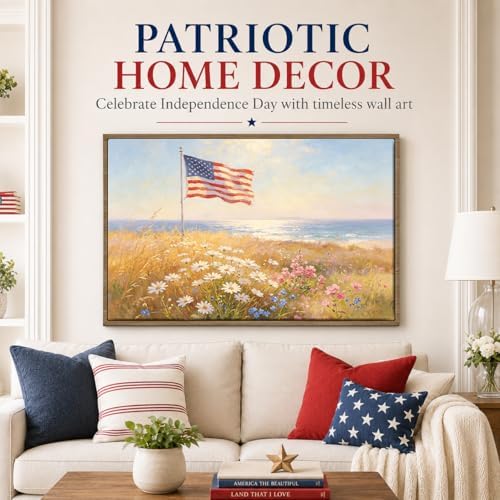 American Flag Framed Canvas Wall Art, 4th of July Floral Canvas Prints | Wildflower Landscape Poster Print, Vintage Rustic Independence Day Wall Decor for Bedroom Living Room Office 8×10in