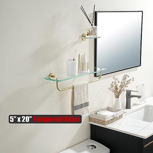 JQK Bathroom Glass Shelf, Shelf with 19 Inch Towel Bar Tempered Glass Shower Storage 20 by 5 inches, 304 Stainless Steel Brushed Gold Wall Mount, TGS100L20-BG