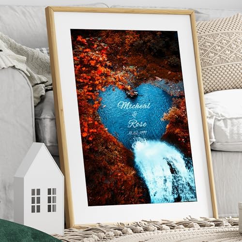 Water Fall or Anniversary Canvas Poster Prints Artwork with Couple's Names in Water Heart,Perfect Love Gift for Newlyweds Canvas Poster UNFRAMED