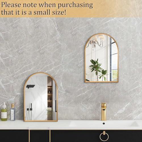 Gold Arched Mirror, Modern Bathroom Wall Mirror Aluminum Alloy Framed Mirror Brushed Metal Vanity Wall Mounted Mirrors for Livingroom Bedroom Entryway Room 16"x12"