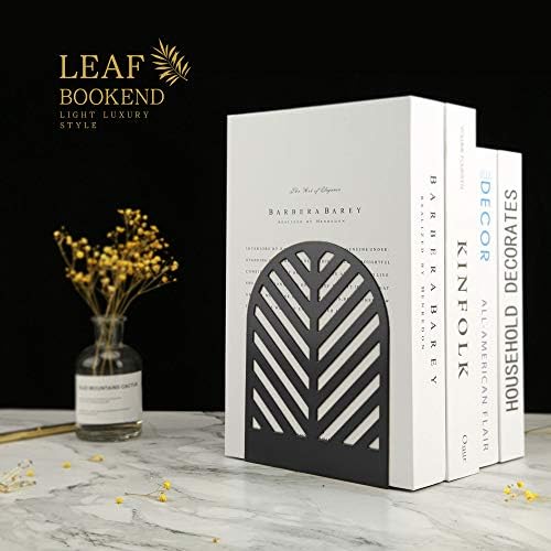 QiMing Leaf Bookends for Books,1 Pair Metal Book Holders for Office Shelves Adults Gift(Black)