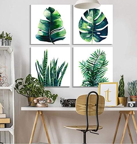 Tropical Plant Wall Art Boho Bathroom Decor Green Monstera Canvas Prints Bedroom Painting Botanical Posters for Kitchen Living Room Home Decorations Leaf Pictures Minimalist Artwork 16×16" 4Pcs/Set