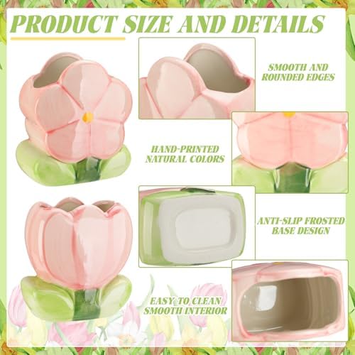 2 Pcs Pink Flower Ceramic Pen Holder Cute Tulip Pencil Holder Aesthetic Flower Makeup Brush Vase Decorative Desktop Organizer Birthday Gift for Women Office Home Wedding Party Decor
