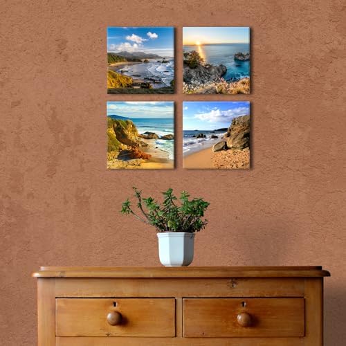 Oregon Coast Wall Art Coastal Beach Scenery Pictures for Bathroom Decor Ocean Sunset Landscape Paintings Canvas Prints Living Room Nature Seascape Artwork Bedroom Office Home Decorations 12x12" 4 Pcs