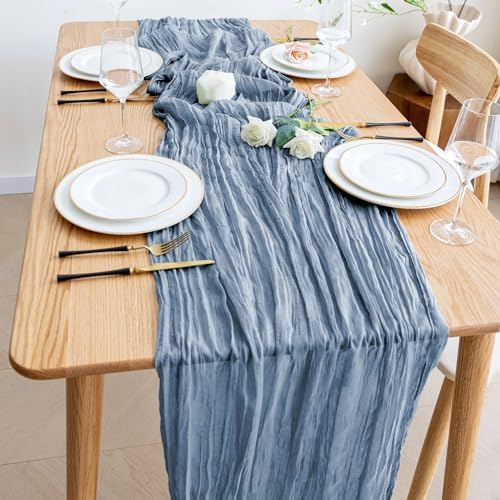 Wokceer Cheesecloth Table Runner Dusty Blue 10FT Boho Gauze, 3 Pack