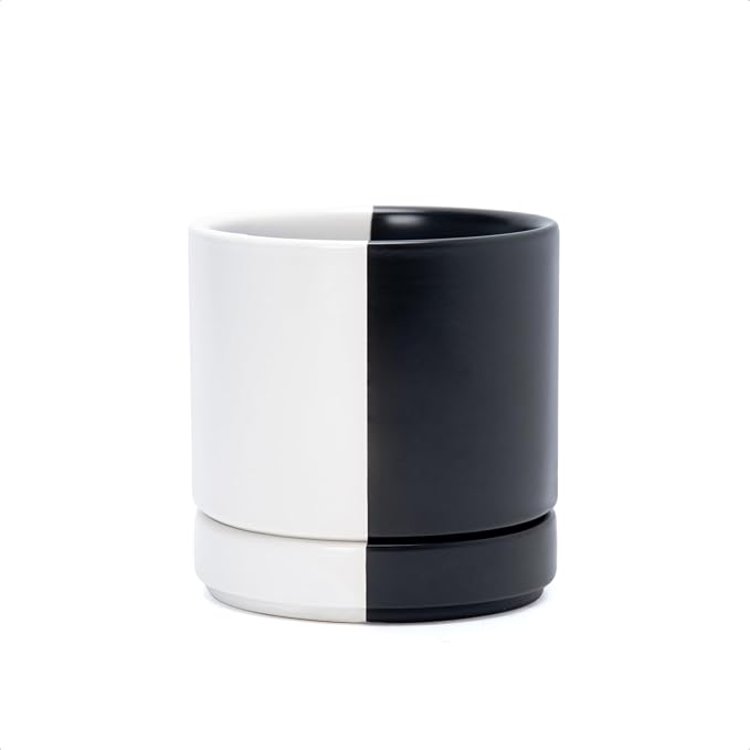 D'vine Dev 4.7 Inch Ceramic Planter Pot, Black White Split, 94-O-B-0 | Modern Cylinder Design, Drainage Hole & Saucer Included, Stable Structure, Elegant Home Accent