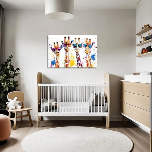 Giraffe Canvas Wall Art Giraffe Family with Glasses Picture Graffiti Painting Animal Prints Modern Artwork for Living Room Bedroom Nursery Wall Decor Framed(Giraffe-14,16.00"x24.00")