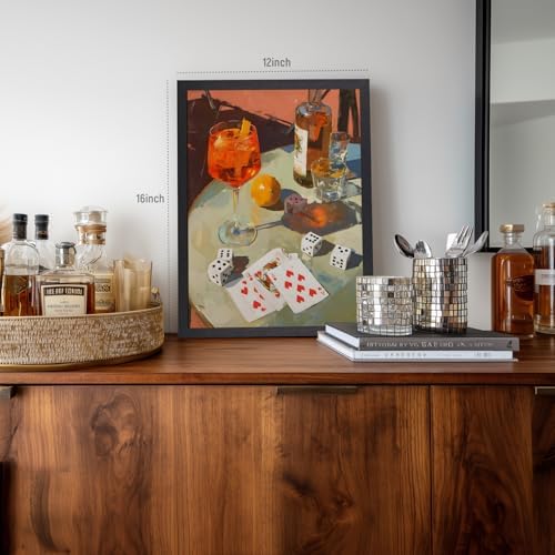 Cyebmo Vintage Cocktail Wall Art, Trendy Poker Dice Bar Wall Decor, Gambling Drink Still Life Poster Print, Retro Casino Game Room Aesthetic Picture for Dining Room Kitchen Wood Framed 16x24 Inch