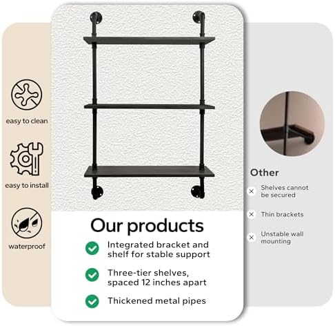 3-Tier Industrial Pipe Floating Shelf – Rustic 30 inch Wood Wall-Mounted Storage Shelf for Kitchen Office,Bathroom & Home Decor -Black