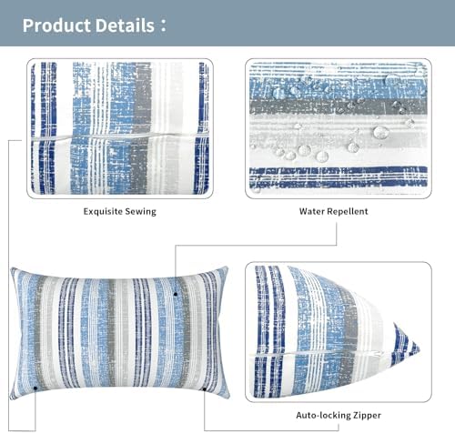 Outdoor Lumbar Pillow Covers 12”x20”, Rectangle Throw Pillow Covers for Patio Furniture, Decorative Lumbar Cushion Case for Garden Balcony Couch Office Chair, Pack of 2, Stripe Layered Blue