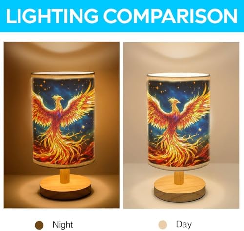 Phoenix Table Lamp LED 3-Color Pressed Bedside, Phoenix Shade Lamp with Wood Base for Bedroom Living Room Desk Office TL01