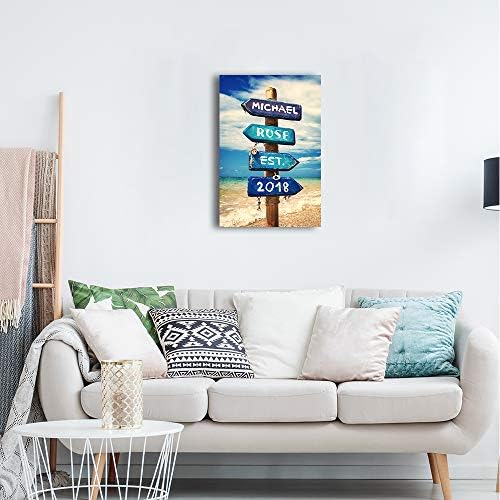 A&T ARTWORK Blue Sea Signport Personalized Canvas Prints Gift Couple's Names Sea and Love Sign Gift for Anniversary,Valentine's day,Wedding. 24x16 inches