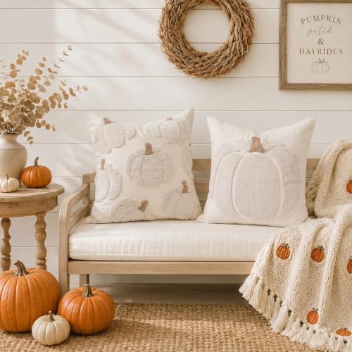 GEEORY Fall Tufted Pumpkin Pillow Covers Set of 2 18x18, Farmhouse Beige