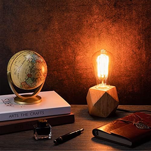 Riakrum 2 Pieces Industrial Wooden Lamp Base E26/ E27 Vintage Desk Lamp with Switch Plug Wood Small Lamp Base Polygon Industrial Night Light Boho Decor for Living Room Bedroom (No Bulb)