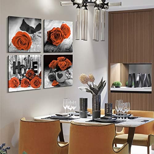 Burnt Orange Wall Art Black and White Living Room Wall Decor Red Rose Flower Canvas Prints Romantic Floral Pictures Love Sign Paintings Artwork Dining Room Kitchen Accessories Home Decorations 20x20”