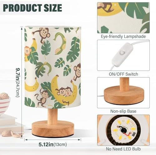 Table Lamp Monkey Banana Monstera Nightstand Lamp with Wood Base Fabric Lamp Shade Bedside Desk Lamp for Living Room Bedroom Kids Room Office